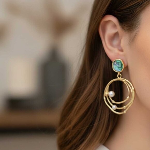 2/$21 Round Faux Abalone Pearl Dangle Earrings - Picture 5 of 11